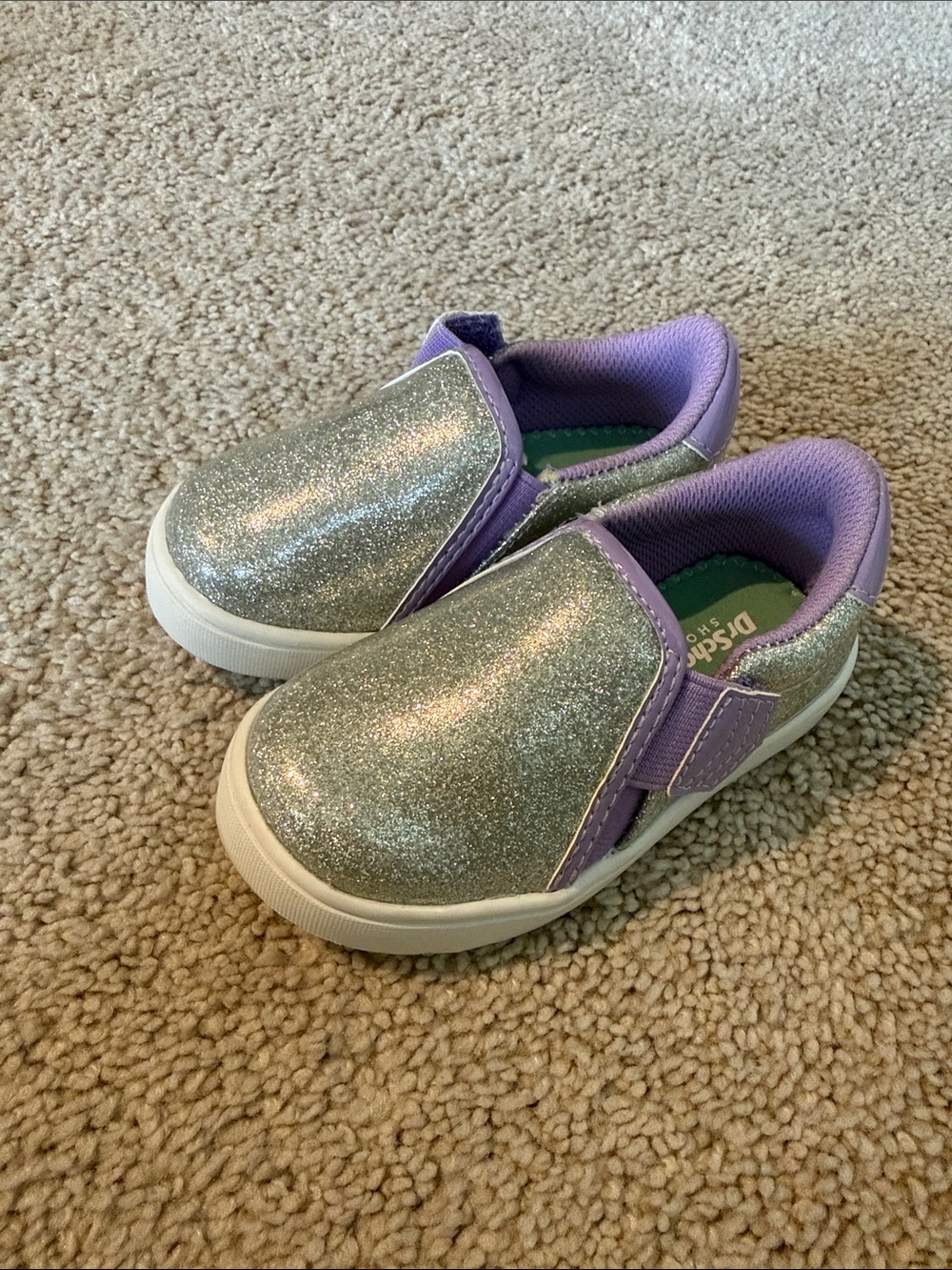 Kids Silver Glitter Slip-On Sneakers with Purple Trim
